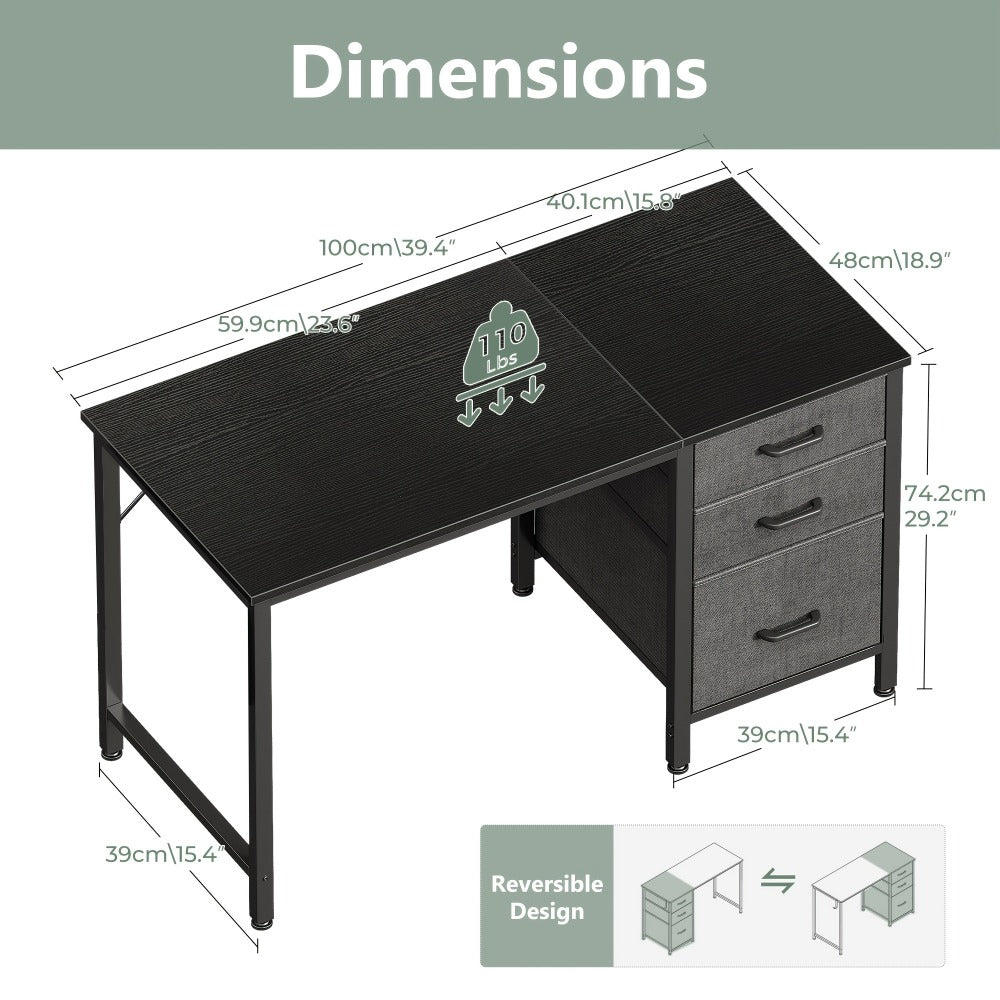 Computer Desk with 3 Fabric Drawers & Hook for Small Space – Home Office Writing Study Table with File Storage, 40"/48" White & Black Bedroom Desk