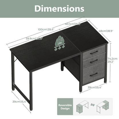 Computer Desk with 3 Fabric Drawers & Hook for Small Space – Home Office Writing Study Table with File Storage, 40"/48" White & Black Bedroom Desk