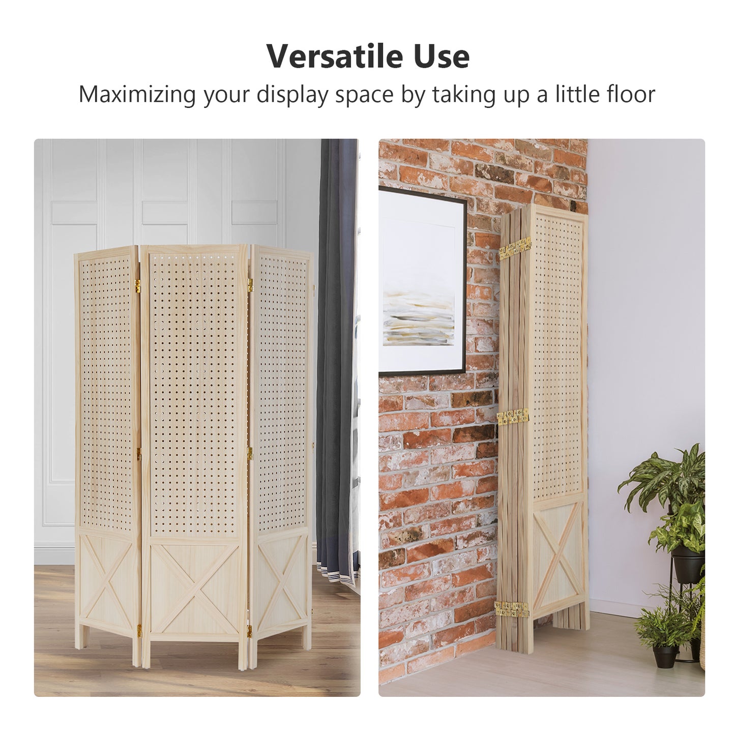 VINGLI 60''H Freestanding Pegboard, Wood Room Divider Display Board Organizer with Support Feet, Folding Privacy Screen Partition Space Separator for Craft Shows Events Retail