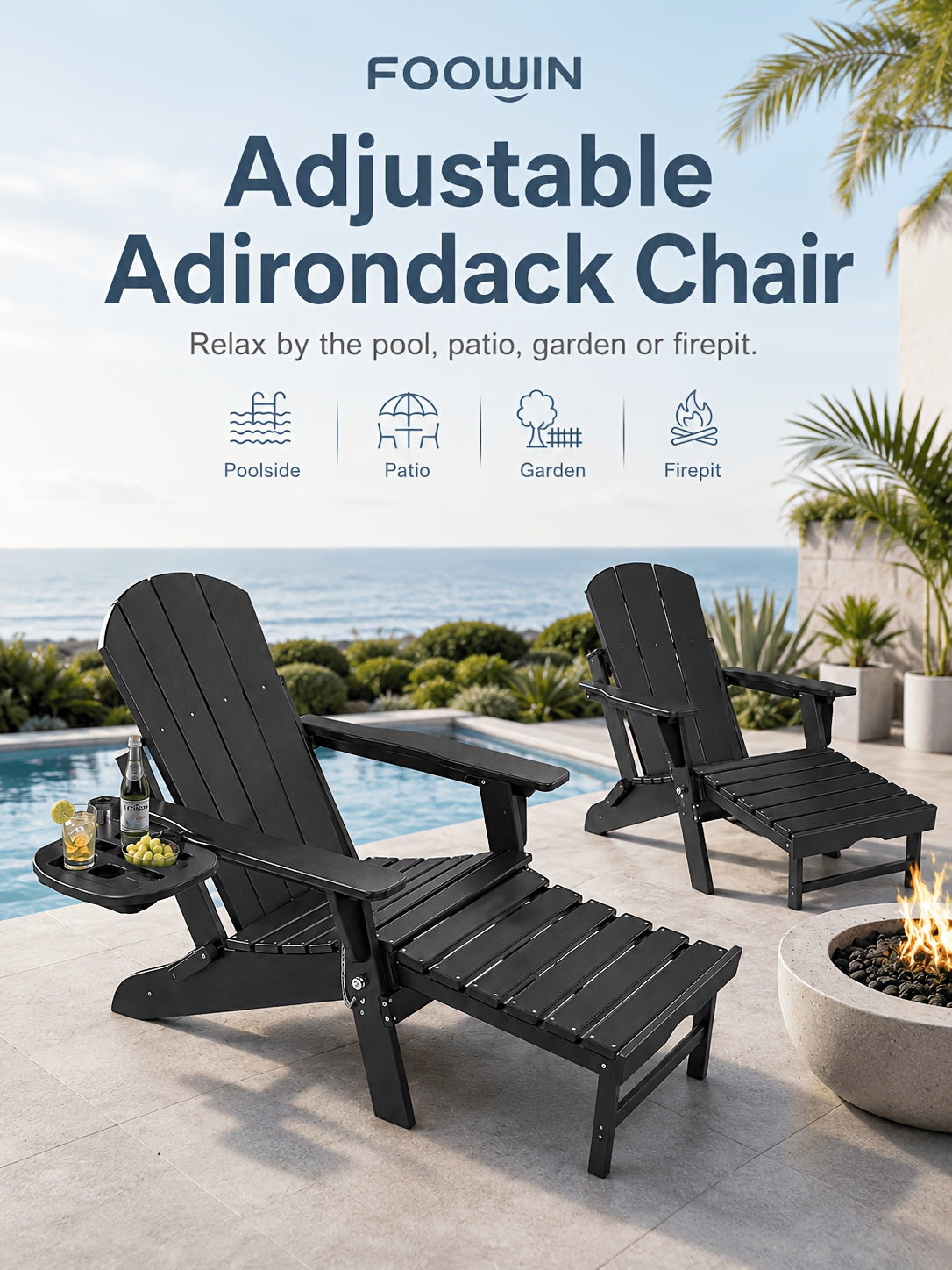 FOOWIN HDPE Adirondack Chair with Ottoman, Adjustable Backrest Adirondack Chair W/4in 1 Cup Holder Trays, All-Weather Resistant Adirondack Chairs for Outdoor, Patio, Lawn, Garden