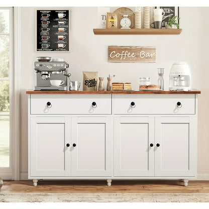 55-Inch Sideboard Buffet Unit, Mid-Century Kitchen Storage Cabinet Featuring 2 Drawers And 4 Doors, Coffee Bar Storage Cabinet