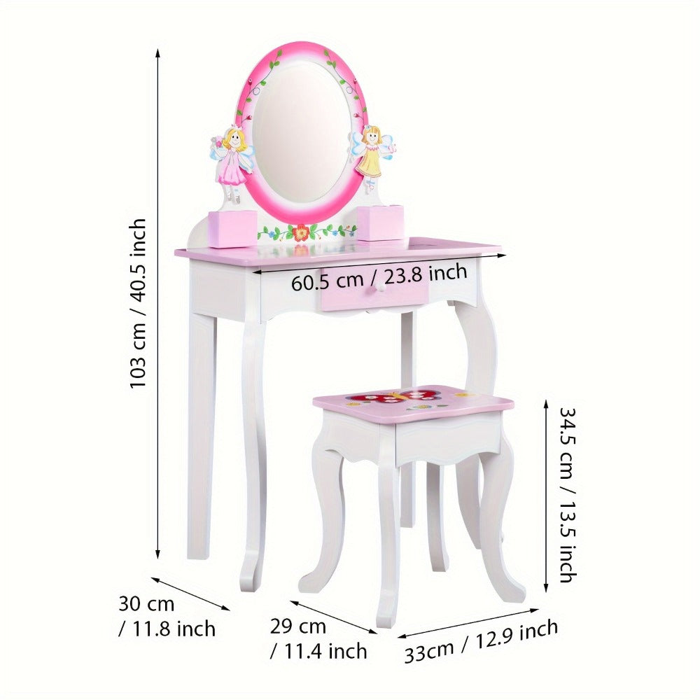 Girls Vanity Table Set with Mirror & Stool, Wooden Fairy Princess Makeup Desk with Storage Drawer for Kids, Toddler Bedroom Dressing Table, Perfect Birthday Gift for Girls
