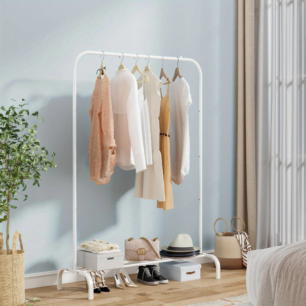 Heavy Duty Clothes Rack with Bottom Metal Shelf and Wheels, Portable Garment Rack for Hanging Coats Shirts Dresses, Large Capacity Freestanding Closet Organizer for Bedroom Apartment Dorm