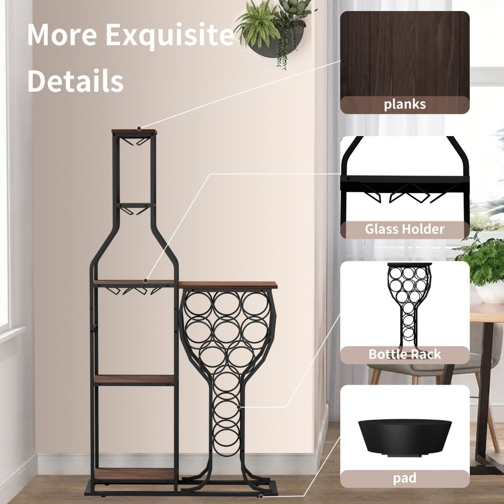 Wine Rack with Hanging Glass Holder & Storage Shelves - 5-Tier Freestanding Baker's Rack for Kitchen, Dining Room & Home Bar, Holds 11 Bottles