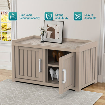 Outdoor Storage Bench with Double Doors & Adjustable Shelf, Entryway Storage Cabinet for Garden Tools & Outdoor Gear, 31.89" Patio Storage Stool in Black & Light Brown, Holiday Gift Idea
