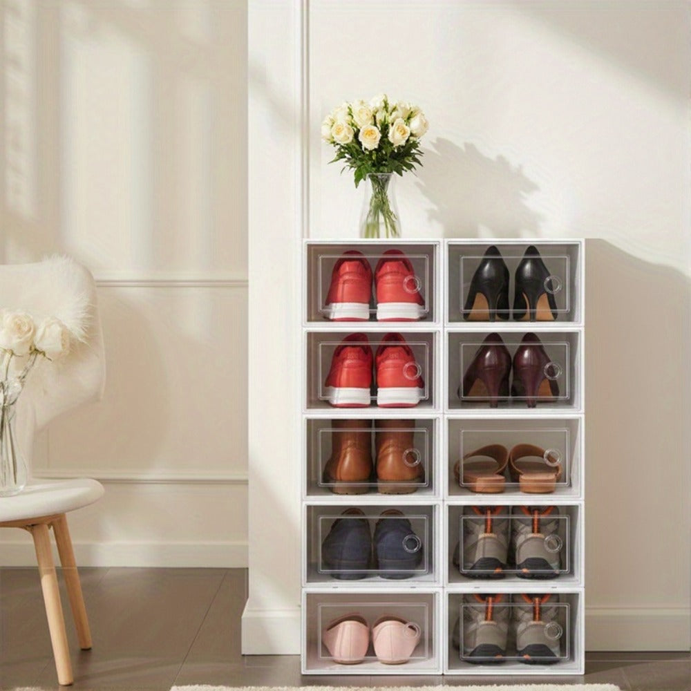 Clear Shoe Boxes with Lids Stackable Foldable Transparent Plastic Shoe Storage Organizer Waterproof Space Saving for Bedroom Closet Entryway Dorm White Black 6 12 24 Pack