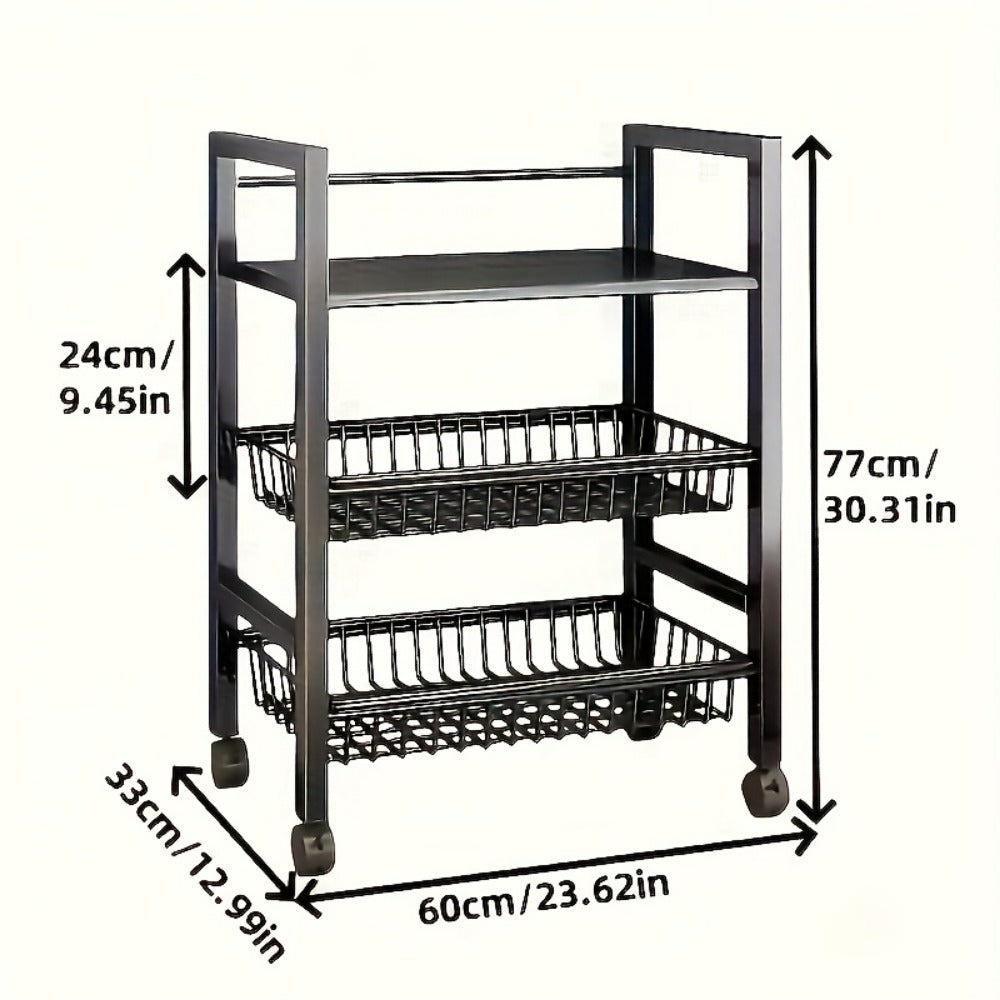 Rolling Metal Storage Rack with Wire Baskets, Adjustable Mobile Kitchen Storage Cart on Wheels, Multifunctional Food & Pantry Organizer for Kitchen, Bathroom & Pantry, Space-Saving Design
