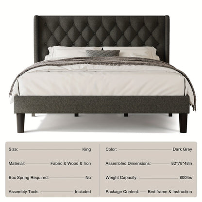 Modern Platform Bed Frame with 24-Inch Button-Tufted Headboard – Solid Wood Slats, Artistic Legs, Linen & Velvet, Dark Gray Light Grey Beige White Black, Full Queen King