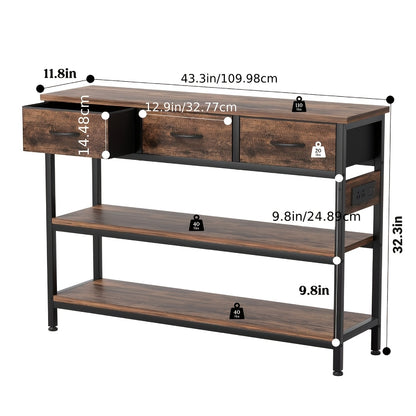 3-Tier Console Table with Charging Station, Entryway Table with Storage Drawers And Open Shelves, Narrow Sofa Table with USB Ports And Outlets, Adjustable Feet, And Modern Design for Hallways, Living Rooms, And Small Spaces