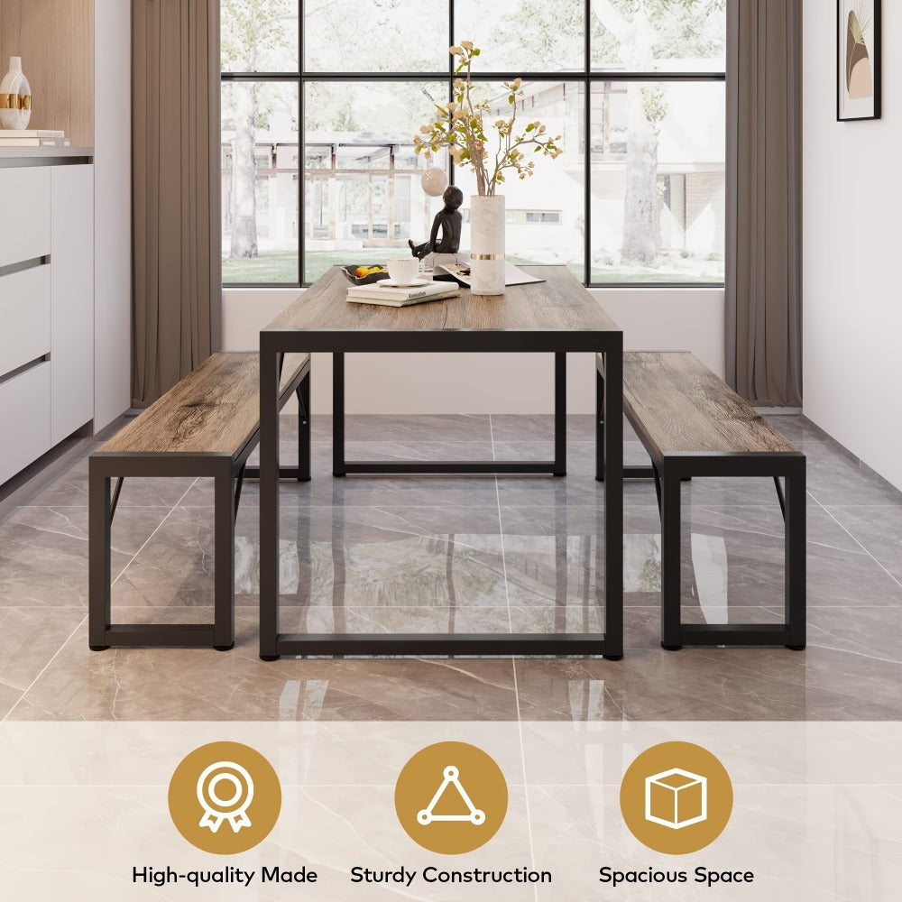 Dining Table Set for 4 with 2 Benches, 45.5" Space-Saving Dinette with Metal Frame & MDF Board for Kitchen & Dining Room, Retro Modern Style - Black/Gray