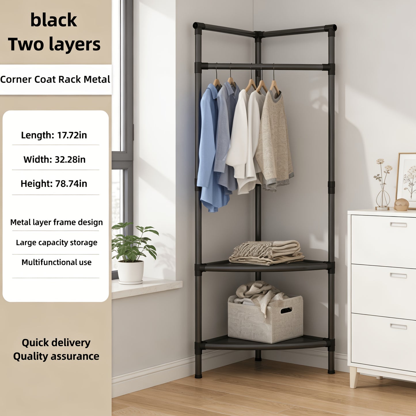 Corner Clothes Hanger with Shelves, Two-tier And Three-tier Freestanding Corner Storage Racks, Multi-functional Corner Coat Rack with Hanging Rods, Suitable for Entryways, Bedrooms, Bathrooms, Available In White/black