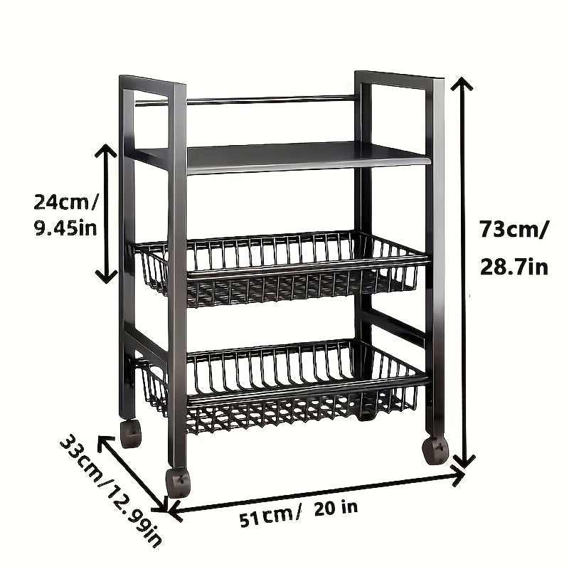 Kitchen Storage Shelf with Mesh Baskets, Metal Frame Serving Cart with Wheels, Rolling Baker's Rack with Adjustable Shelves, for Kitchen Bathroom Living Room Office