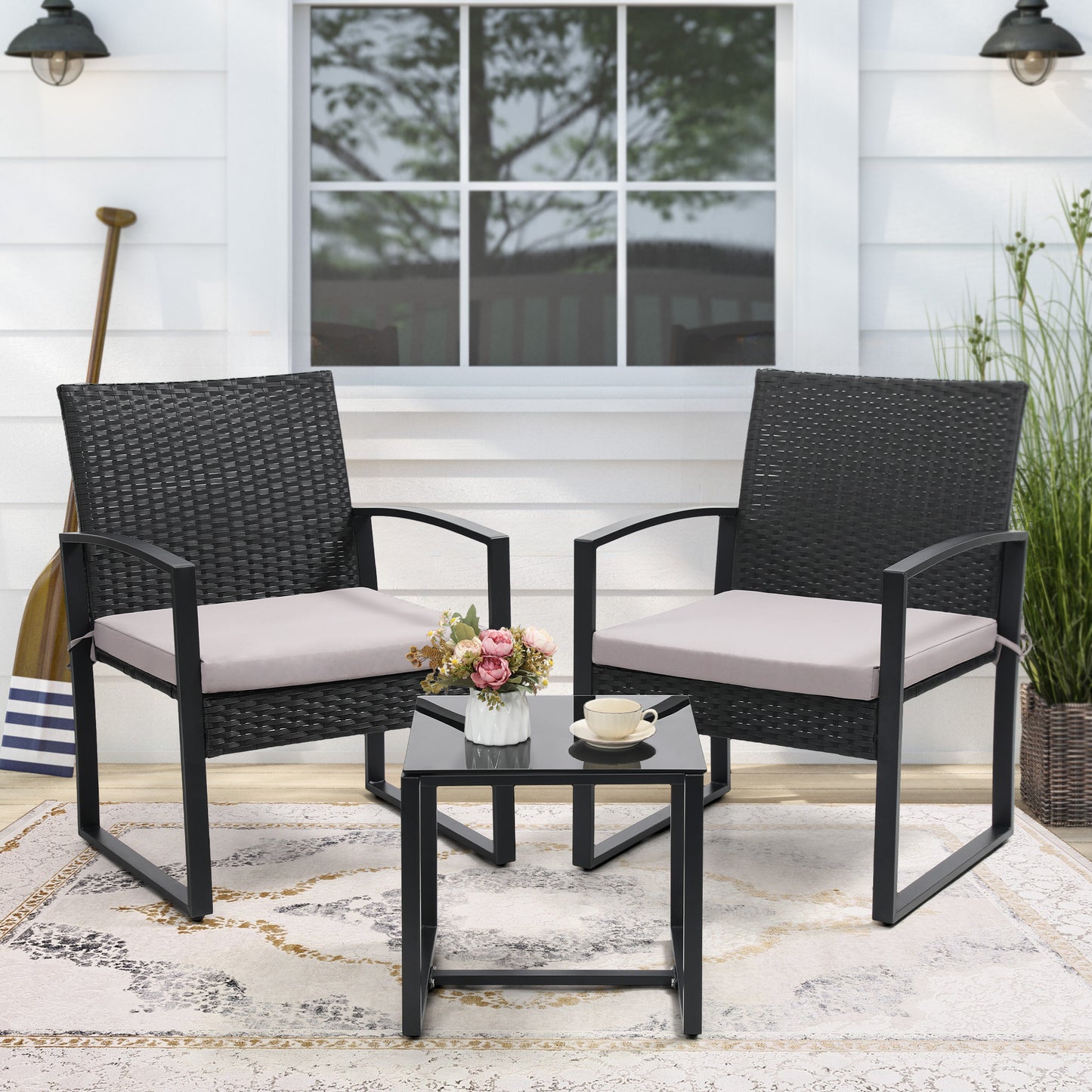 Outdoor Chairs with Bistro Table Furniture Set, Wicker Rattan 3pc Conversation Set includes 2 Waterproof Chairs with Thick Cushions and 1 Bistro Table with Safety Glass Top, Clearance