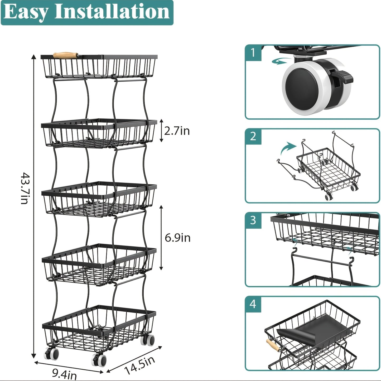 Stackable Metal Storage Cart with Wheels 4/5 Tier - Fruit Vegetable Basket Rotating Narrow Gap Corner Rack for Kitchen Pantry and Bathroom