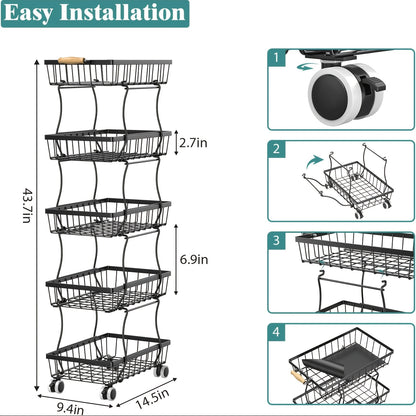 Stackable Metal Storage Cart with Wheels 4/5 Tier - Fruit Vegetable Basket Rotating Narrow Gap Corner Rack for Kitchen Pantry and Bathroom