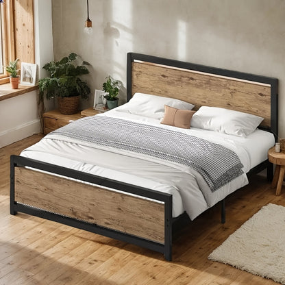 Metal Bed Frame Twin Full Queen Size Metal Bed Frame with Headboard, Wooden Steel Slat Support, Heavy Duty Platform, Under-Bed Storage, Available In White, Black, Brown, Grey