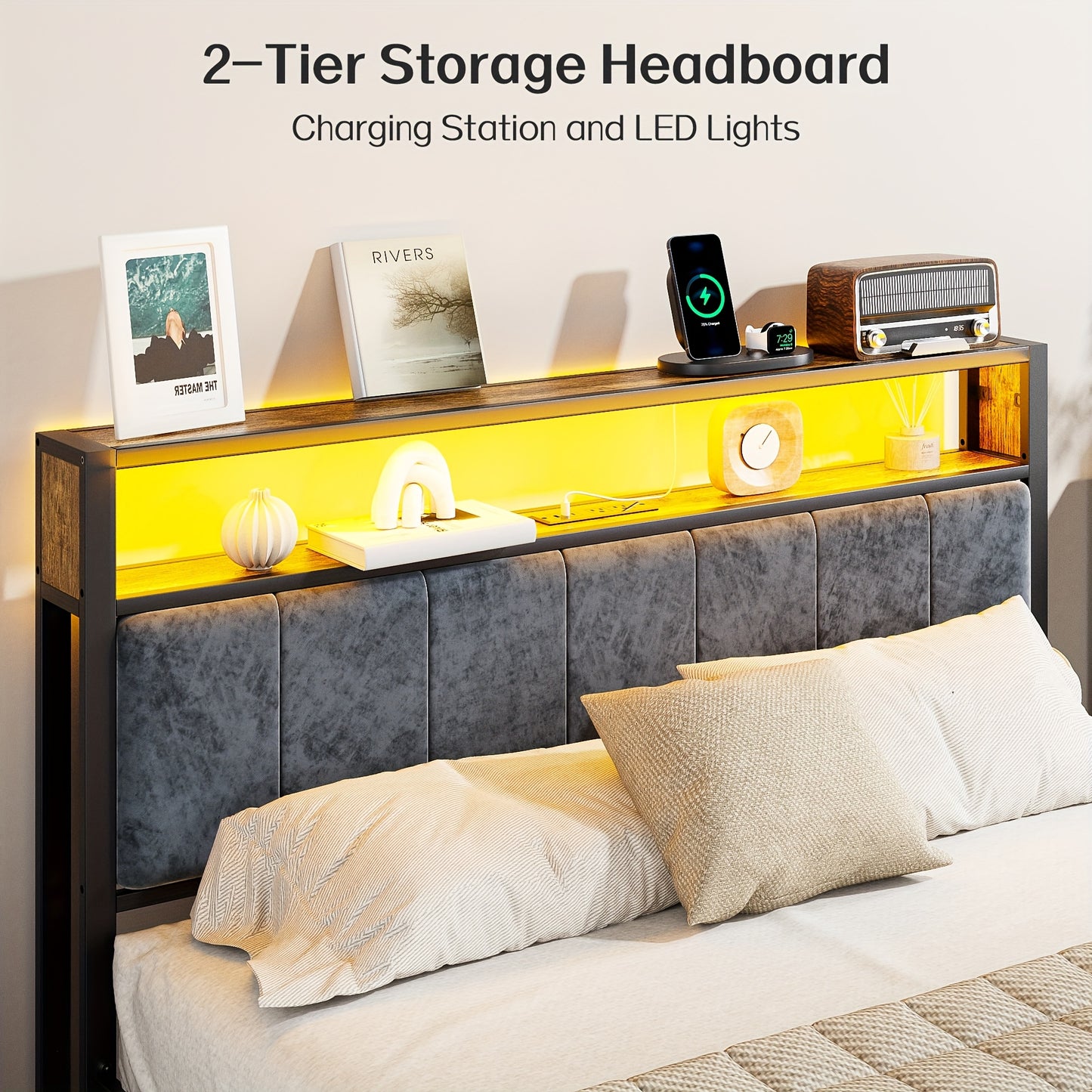 Metal Bed Frame with Headboard, Storage Shelves, LED Lights And Type-C Charging