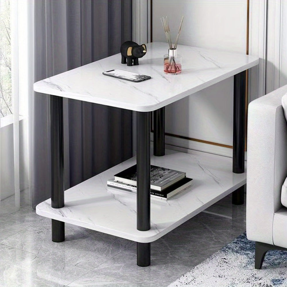 Marble Look Side Table with 2-Tier Storage Shelf & Sturdy Metal Frame, Space-Saving Modern End Table in Engineered Wood for Living Room Bedroom Office