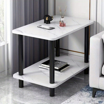 Marble Look Side Table with 2-Tier Storage Shelf & Sturdy Metal Frame, Space-Saving Modern End Table in Engineered Wood for Living Room Bedroom Office