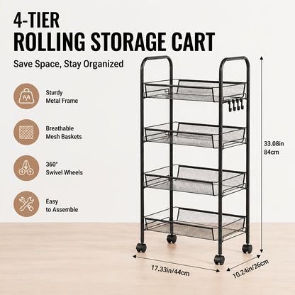 Mobile Metal Storage Shelf - 3/4/5-Tier Metal Kitchen Trolley With Hooks, Rolling Cart With 360° Swivel Wheels, Mesh Basket Layered Organizer For Narrow Gap, Kitchen, Bathroom, Office, Study, Garage, Ideal Storage Cart