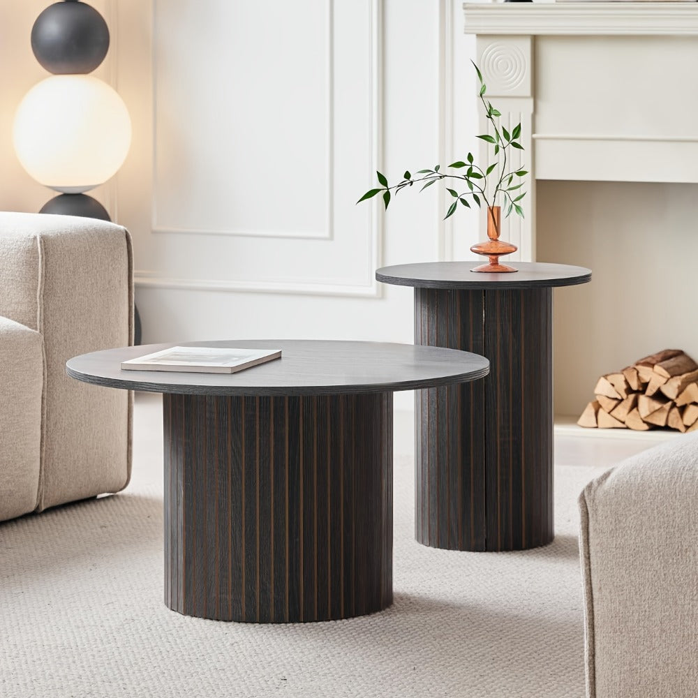 Round Nesting Coffee Tables Set of 2 - Boho Fluted Drum Side Table with Wood Grain Tabletop for Living Room, Bedroom & Apartment