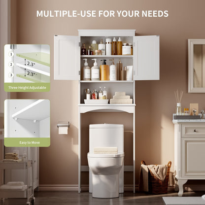 Bathroom Space-Saver, Over The Toilet Storage Cabinet with Adjustable Shelf, Double Door Or No Door Design And Open Shelf, Tall Free-Standing Wooden Storage Lockers, Storage And Organization, Enhances Space Above The Toilet