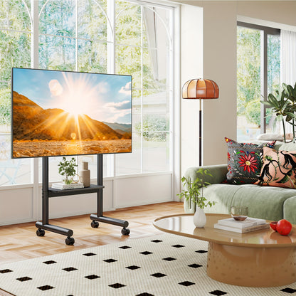 Universal Mobile TV Stand: Height-Adjustable Rolling Cart For 40-75 Inch TVs Up To 110lbs With Storage Shelf, Max VESA 400x400mm For Indoor/Outdoor Use.C