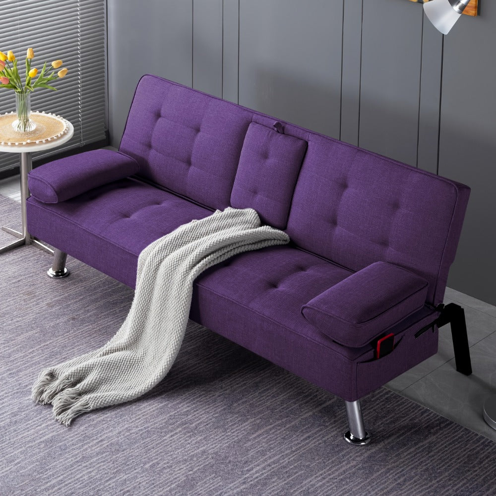 Convertible Futon Sofa Bed 67 Inch Sleeper Couch with Adjustable Backrest, Cup Holders, Detachable Armrests & Side Pocket - Fold Flat Guest Bed for Living Room, Apartment, Dorm