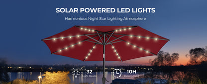 10ft Solar Patio Umbrella, With 32 LED Lights, Outdoor Market Table Umbrella, With Tiltable Buttons, UPF50 UV Protection, Heavy-Duty 8 Umbrella Bone Structure For Garden, Poolside, Decks, Backyards