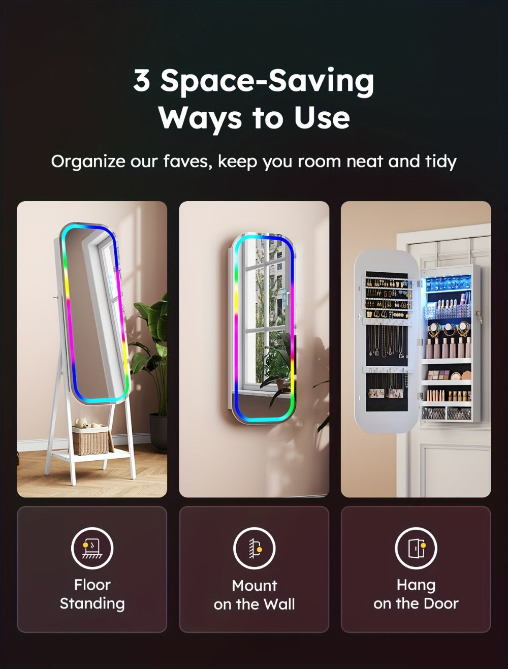 LED Jewelry Cabinet with Mirror Lockable Arched Floor Standing or Wall Hanging Jewelry Organizer for Necklaces Rings Earrings – USB Powered RGB Lights, White