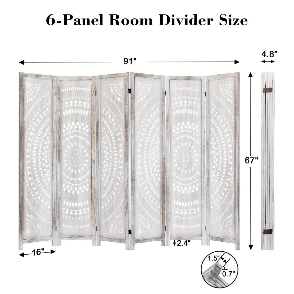 Room Divider 94.5 Inch Tall Folding Wood Carved Boho Privacy Screen 3 or 6 Panels - Freestanding Partition for Bedroom, Home Office, Studio Apartment & Living Room | Antique White & Natural Wood