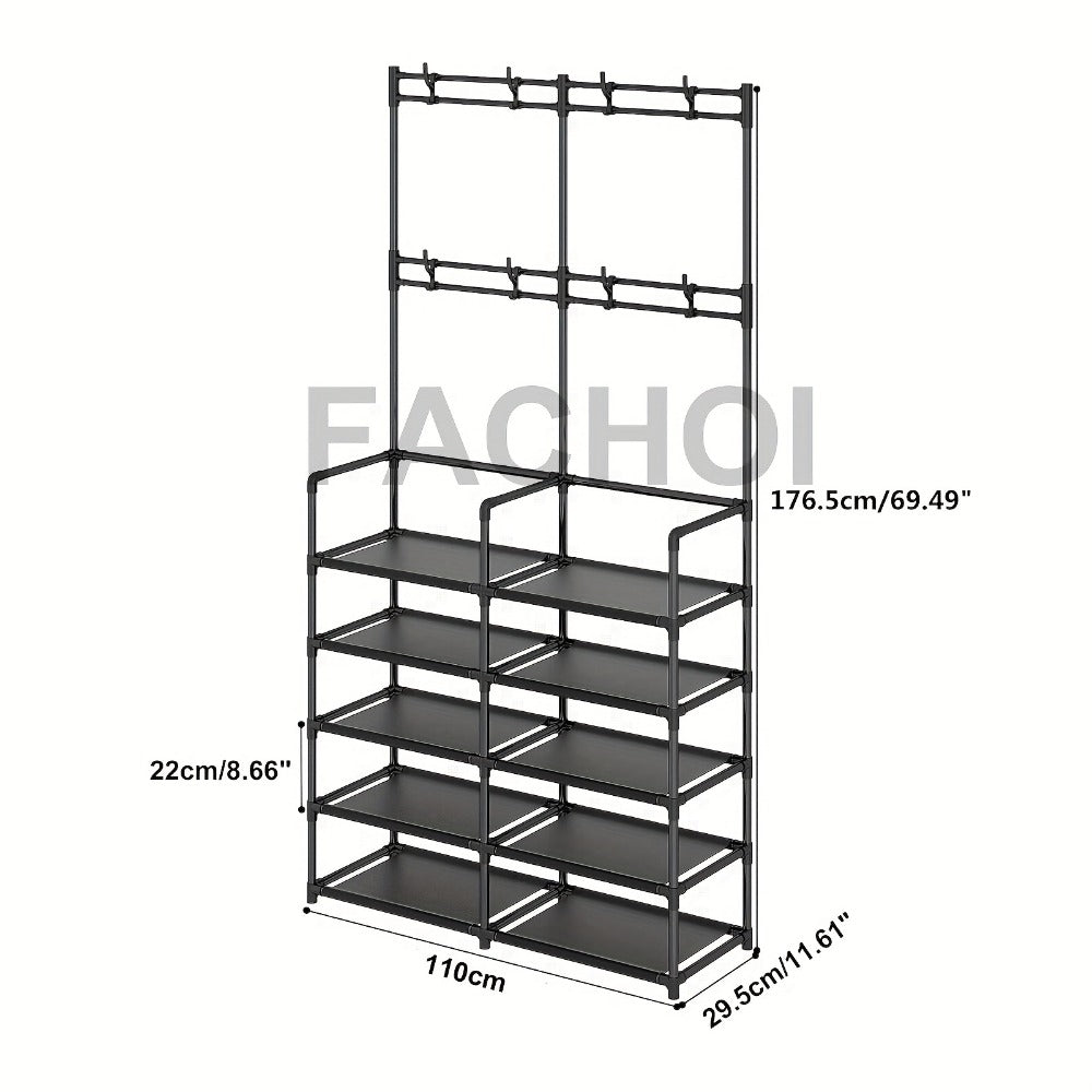 Metal Shoe Rack with Coat Hooks 5 or 10 Layer, Freestanding Shoe and Coat Organizer with Detachable Hooks for Entryway Hallway Apartment, Black White