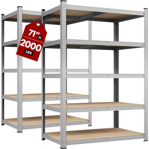 Costoffs 2pcs 5-Tier Metal Storage Shelving Units, Adjustable Utility Racks Organizer for Garage, Living Room, Kitchen, 2000 LB Weight Capacity, Anti-Tip Design, Silver/Black
