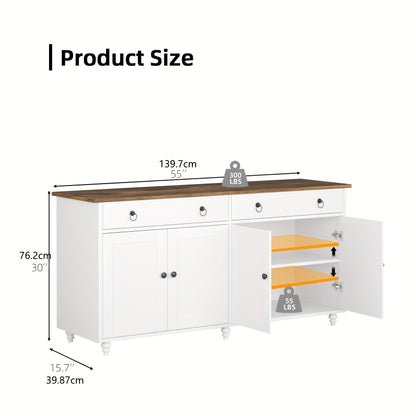 55-Inch Sideboard Buffet Unit, Mid-Century Kitchen Storage Cabinet Featuring 2 Drawers And 4 Doors, Coffee Bar Storage Cabinet