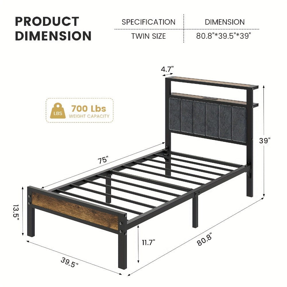 Metal Platform Bed Frame with LED Headboard & Type-C Charging Station – 2-Tier Storage, No Box Spring Needed, Twin Full Queen King