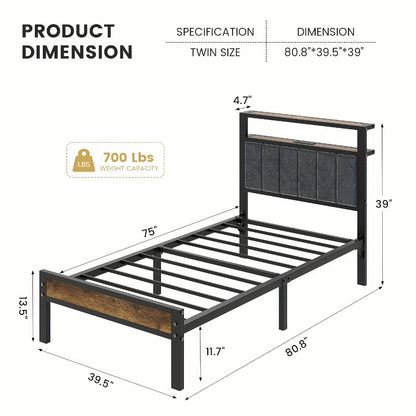 Metal Platform Bed Frame with LED Headboard & Type-C Charging Station – 2-Tier Storage, No Box Spring Needed, Twin Full Queen King