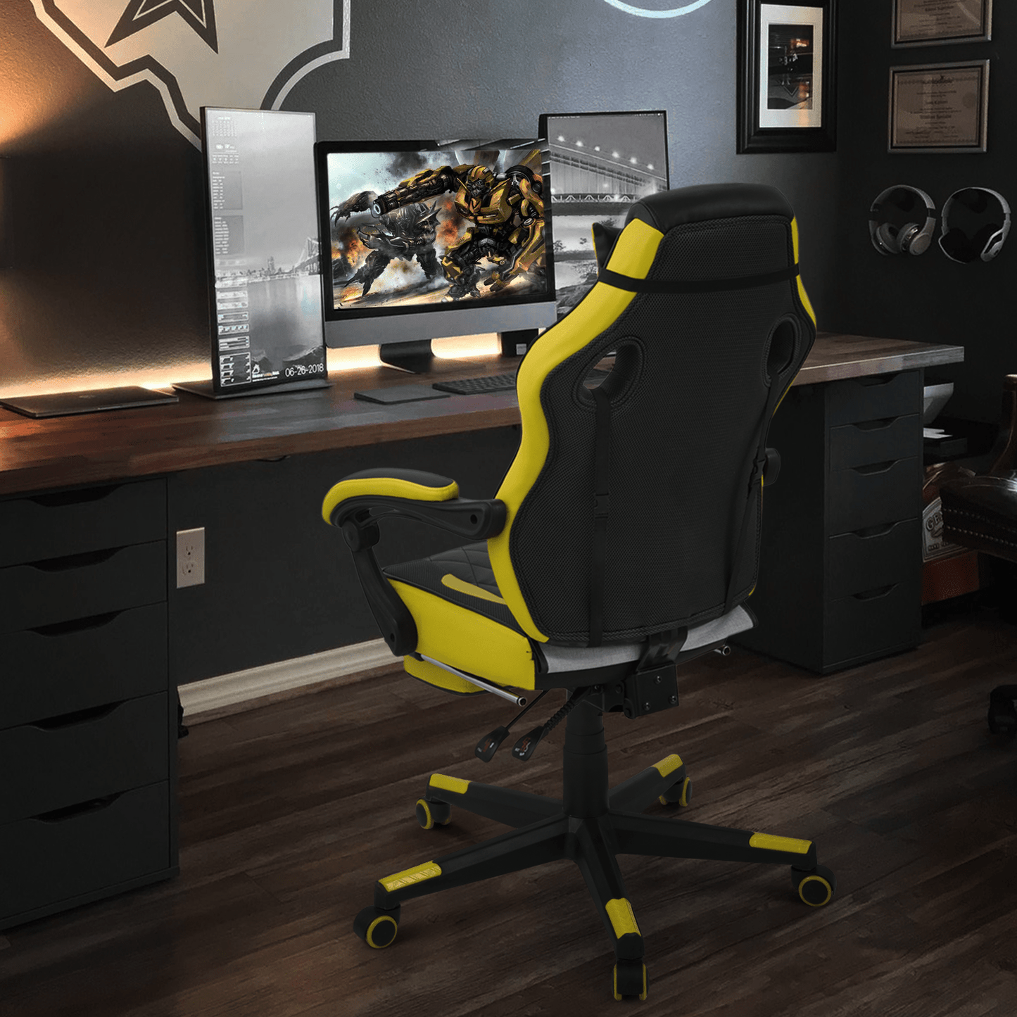 Ergonomic Gaming Chair with Retractable Footrest & Detachable Lumbar Support 360 Degree Swivel Racing Style PU Leather Computer Gaming Chair with Headrest for Home Bedroom Office