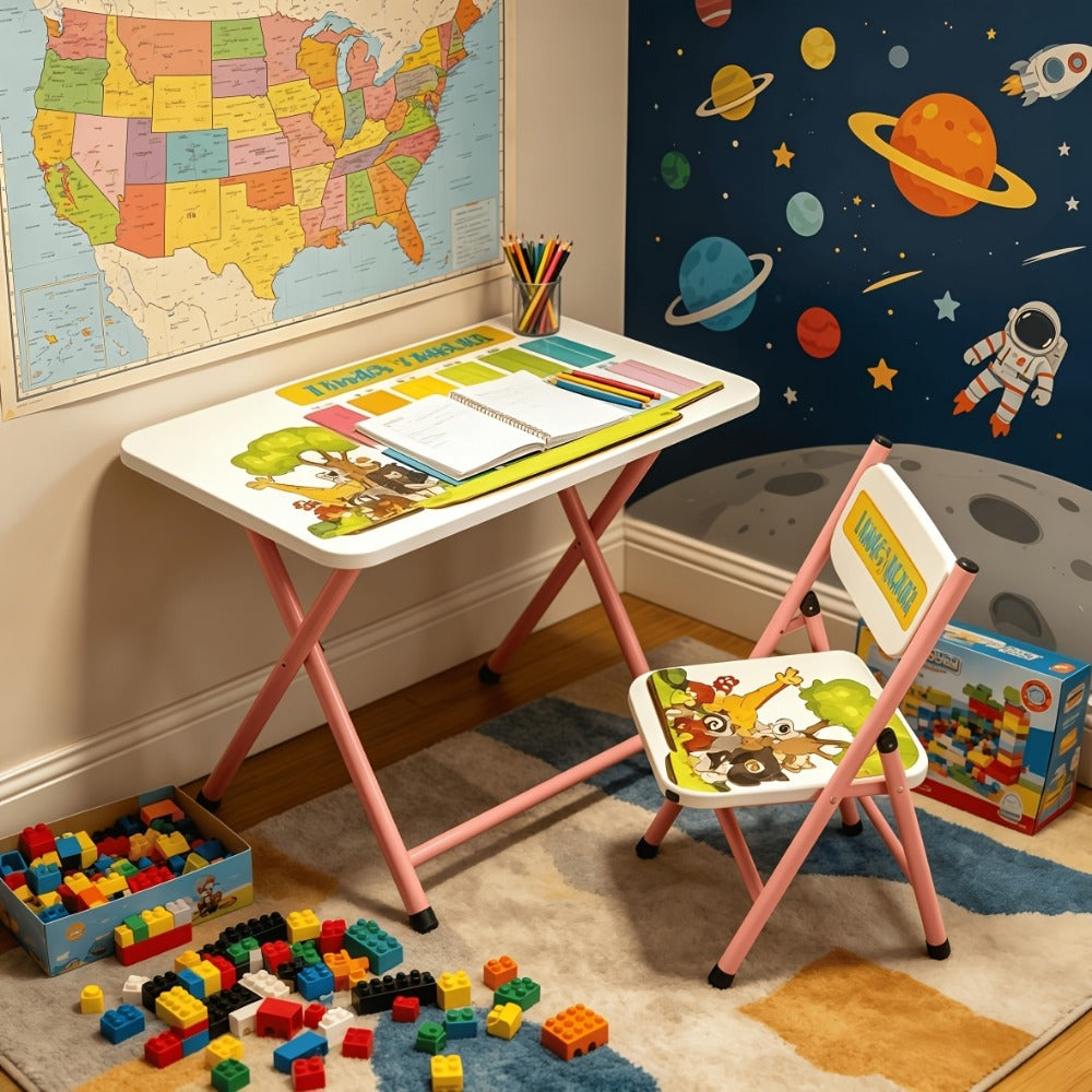Foldable Kids Table and Chair Set with Cute Patterns, Sturdy Metal Frame Children's Activity Desk for Writing Drawing Playtime, Toddler Table Set for Home Playroom Classroom