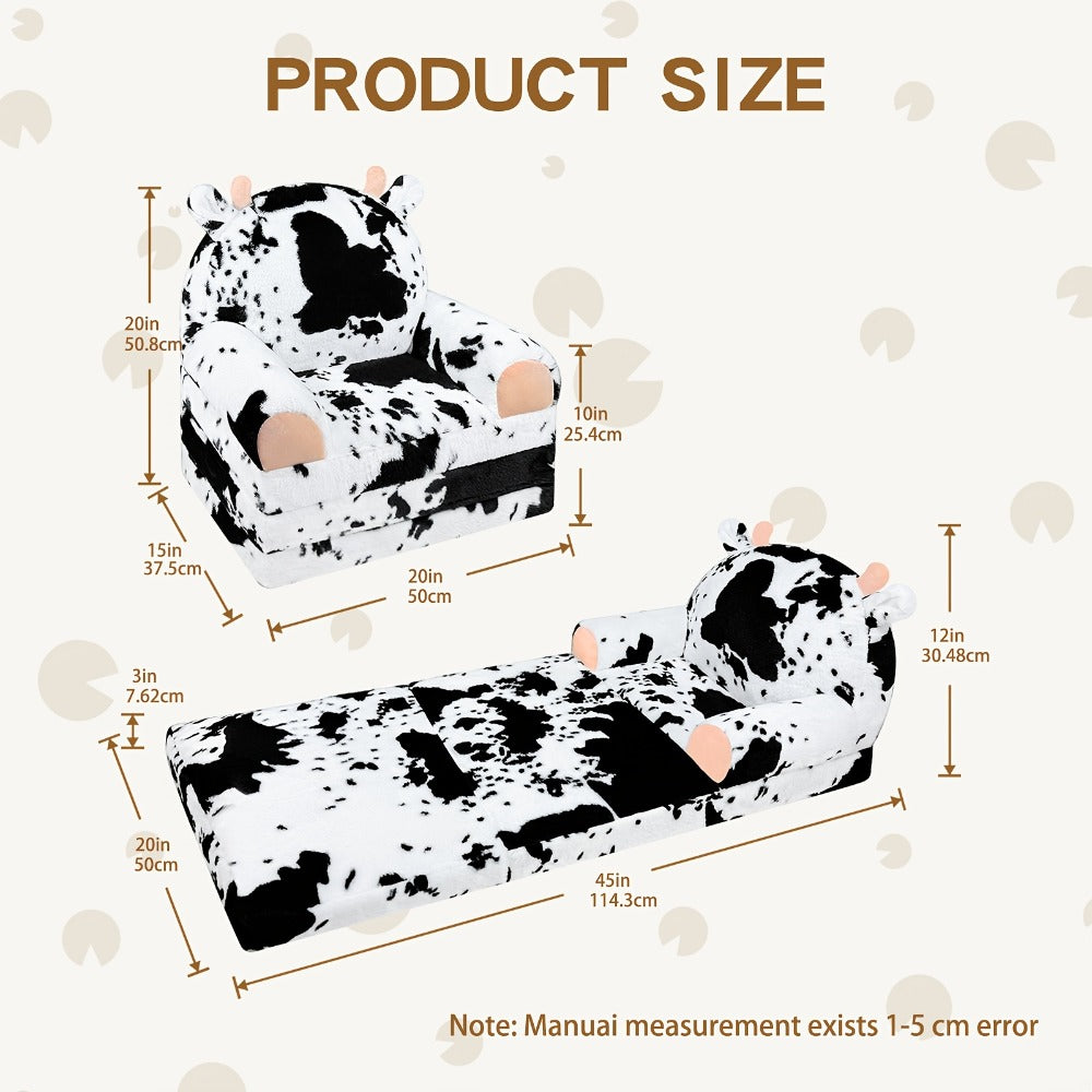 Kids Foldable Sofa Chair, Soft Plush Milk Cow Pattern 2-in-1 Flip Open Children's Lounger, Removable Washable Cover, Lightweight Comfy Animal Chair for Boys & Girls Reading Nook
