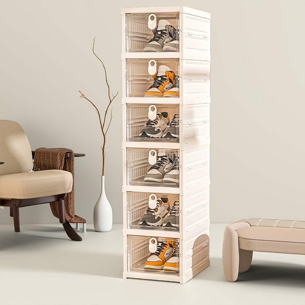 Foldable Shoe Organizer 5/6 Layer with Flip Transparent Door, Space-Saving Stackable Shoe Box Cabinet for Entryway Hallway Living Room Bedroom