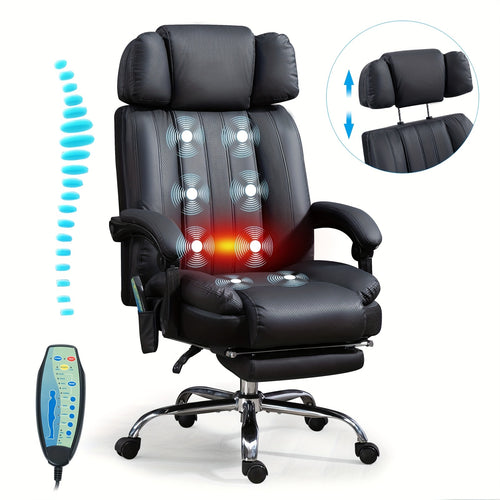 Big And Tall Massage Office Chair PU Leather Executive Desk Chair 500 Lbs Capacity, Reclining, Heated, 8 Vibration Points, Adjustable Footrest And Headrest