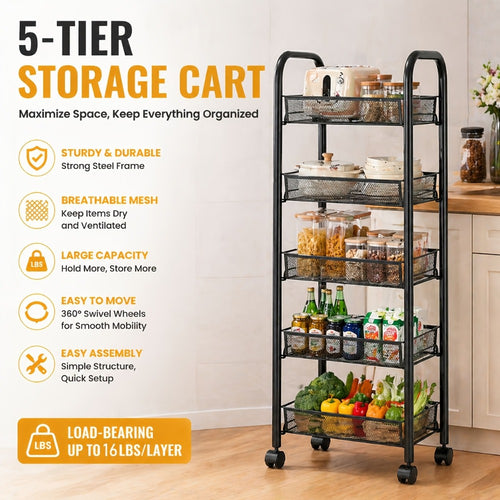 3/4/5-Tier Metal Rolling Storage Cart with Hooks & Mesh Baskets – 360° Swivel Wheels Kitchen Trolley for Narrow Gaps, Bathroom, Office & Garage
