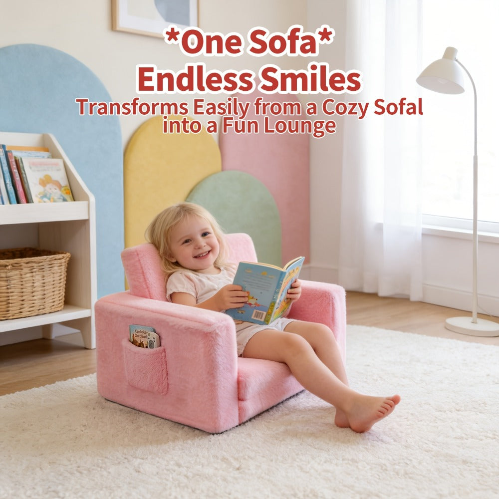 Kids Sofa 2-in-1 Convertible to Recliner Chair - Soft Plush Gray/Pink/White Youngsters Lounge Chair with Storage Pocket, Cozy Folding Playroom Furniture for Boys And Girls, Youngsters Playroom Furniture Pocketed Armrests | Velvet Upholstery, Chair