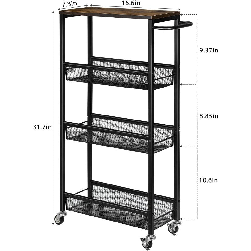 Slim Storage Cart, 4 Tier Rolling Kitchen Shelving Unit On Wheels Mobile Narrow Cart With Wooden Tabletop For Bathroom, Laundry Narrow Places, Brown