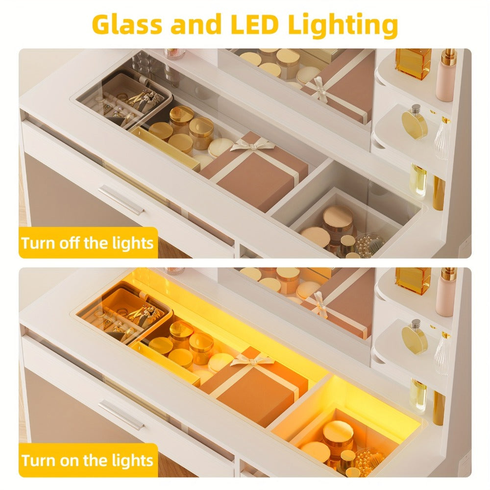 Vanity Desk with Lighted Mirror Power Strip and 10 Bulbs - Makeup Table with 2 Drawers Storage Cabinet 3-Color Adjustable Lighting in White