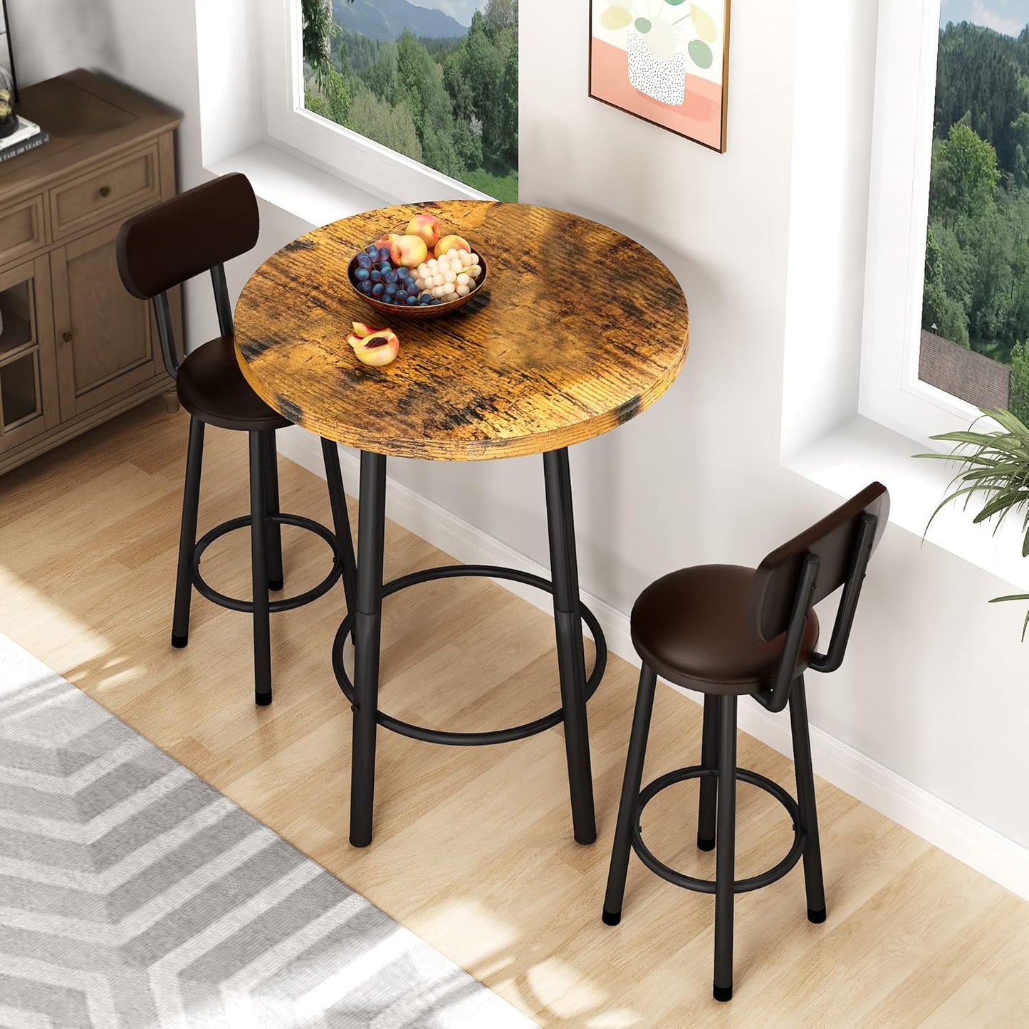 3-Piece Pub Dining Set for 2, Rustic Brown Counter Height Table with Wood Top and 2 Stools, Small Kitchen Table Set for Breakfast Nook, Apartment, Living Room or Bar