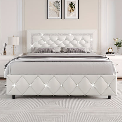 Upholstered Platform Bed Frame with Button-Tufted Diamond Headboard – Wooden Slats, No Box Spring Needed, Twin Full Queen King, Black White Pink Green Gray Beige