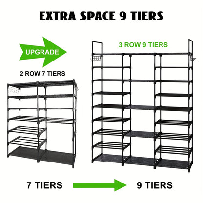 1pc 9 Tier Shoe Rack Organizer(129.5 Depth X 26.9 Width X 155.4 Height Cm), Black, 50-55 Pairs, Stackable Metal Shelf With Hooks For Entryway, Shoe Racks For Bedroom Closet, For Halloween And Christmas