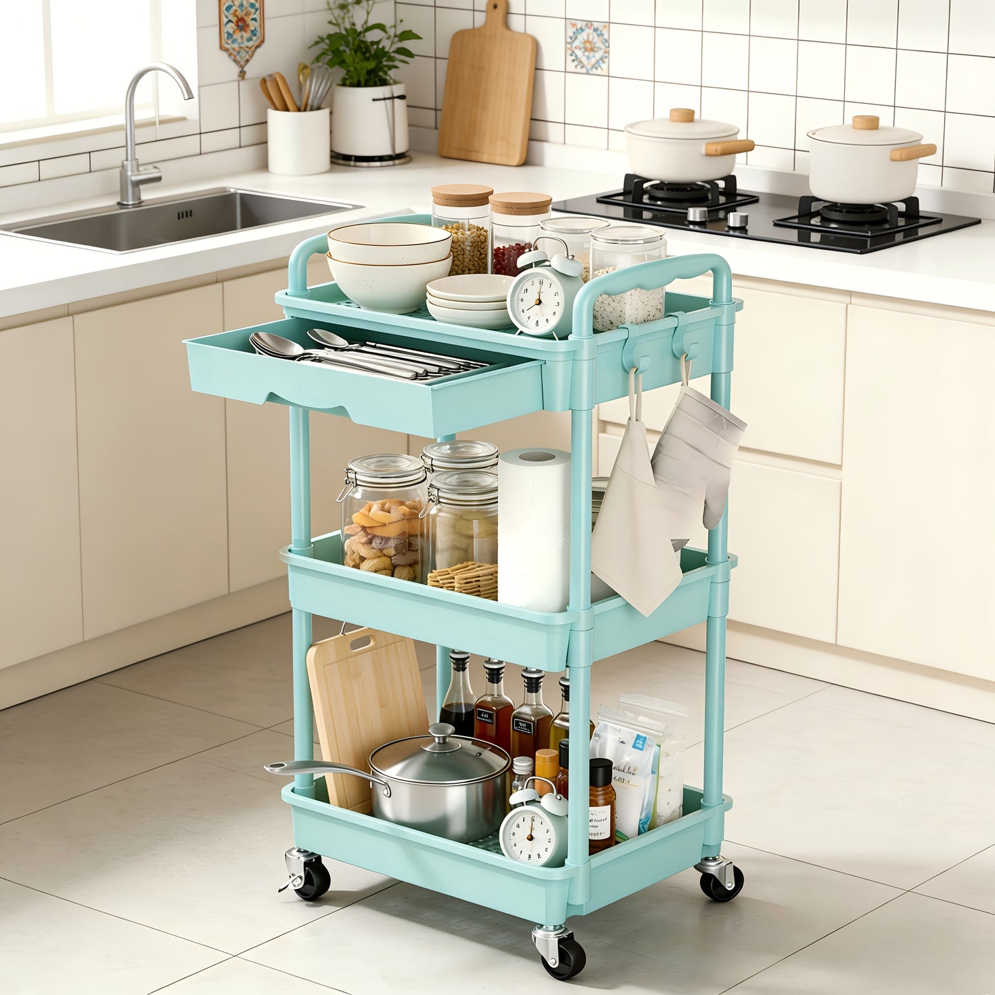 3/ 4 Tier Rolling Utility Cart with Drawer - Multifunctional Storage Organizer with Lockable Wheels&Plastic Shelves for Kitchen, Bathroom, Office, Living Room-Ideal for Industrial & Scientific Material Handling Solutions