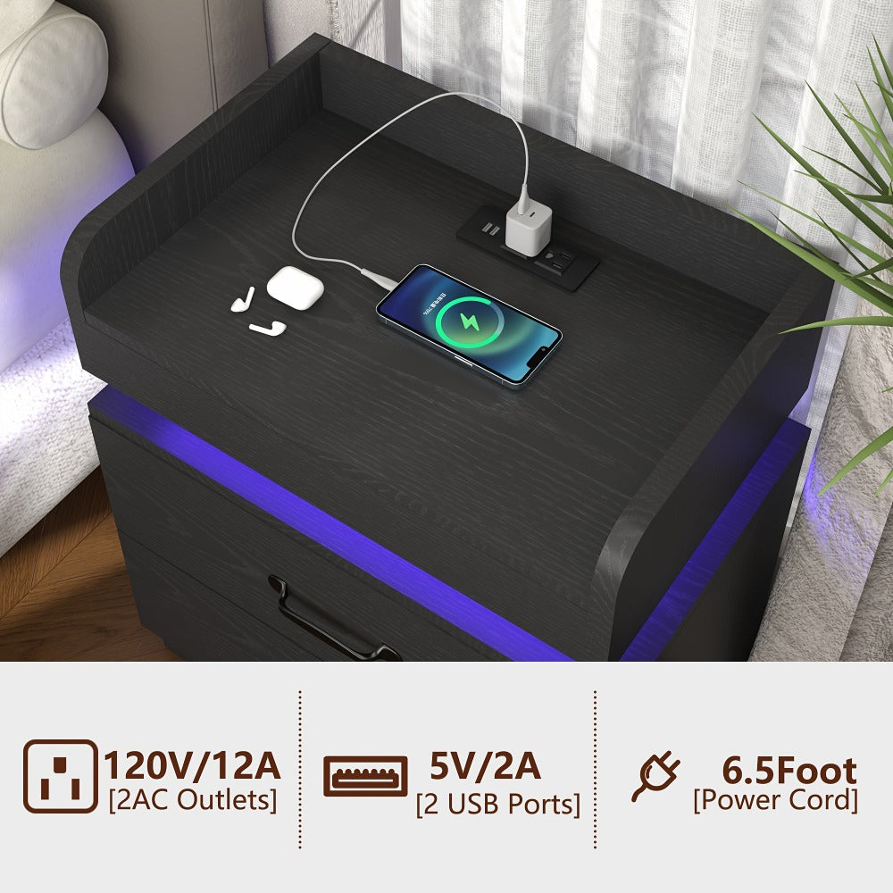 Smart LED Nightstand with Charging Station – Narrow Bedside Table 2 Drawers, Entryway Side Table, Black White, 1pc or 2pcs Set for Bedroom Living Room